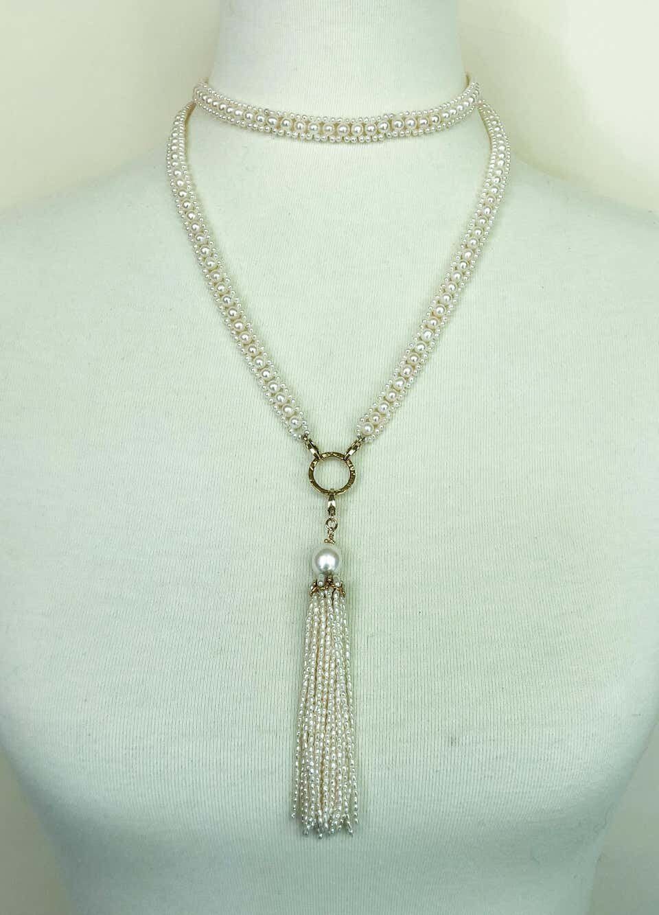 Woven Pearl Necklace with 14k Gold Ring and Removable Pearl Tassel - Image 9