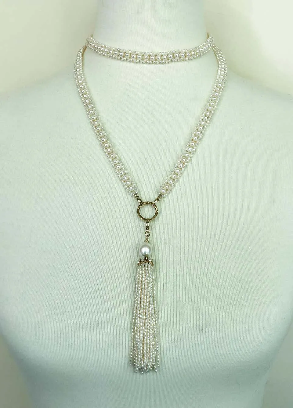 Woven Pearl Necklace with 14k Gold Ring and Removable Pearl Tassel - Image 10