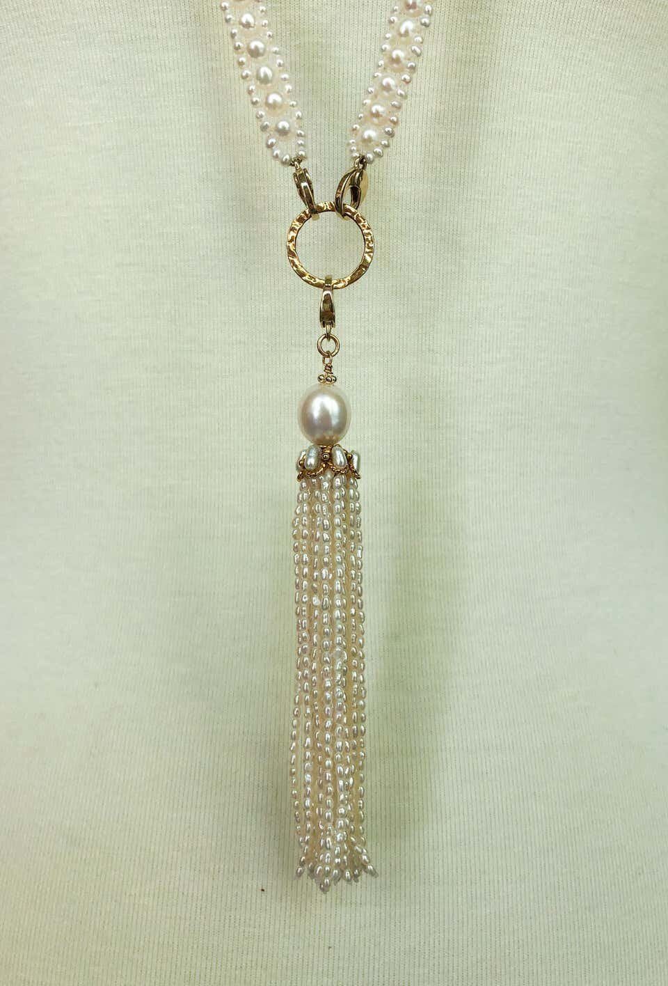 Woven Pearl Necklace with 14k Gold Ring and Removable Pearl Tassel - Image 11