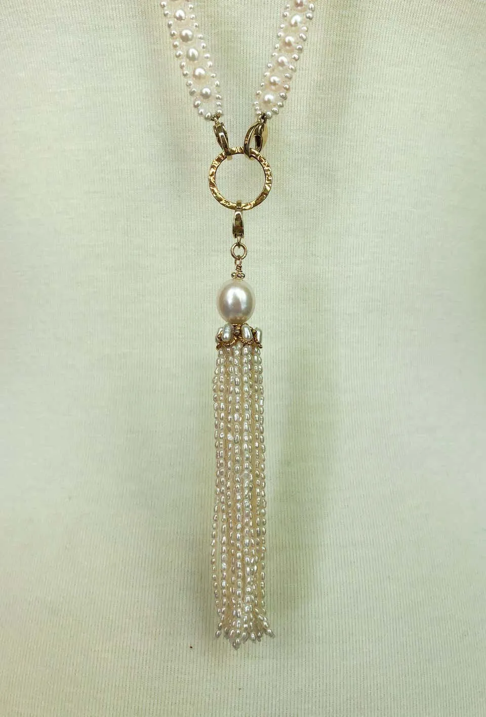 Woven Pearl Necklace with 14k Gold Ring and Removable Pearl Tassel - Image 12