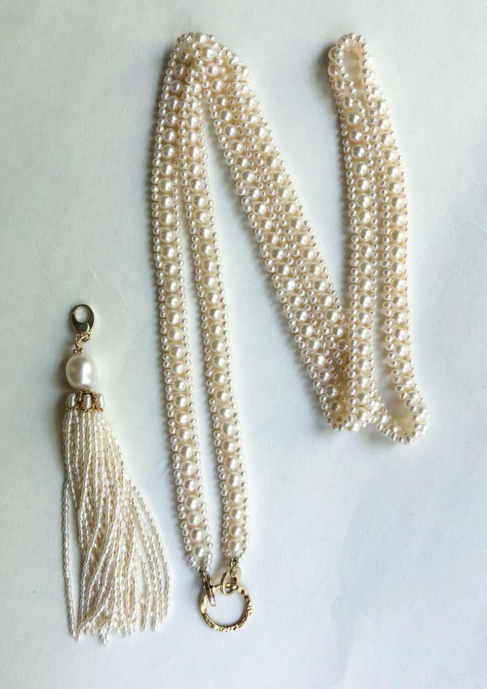 Woven Pearl Necklace with 14k Gold Ring and Removable Pearl Tassel - Image 17