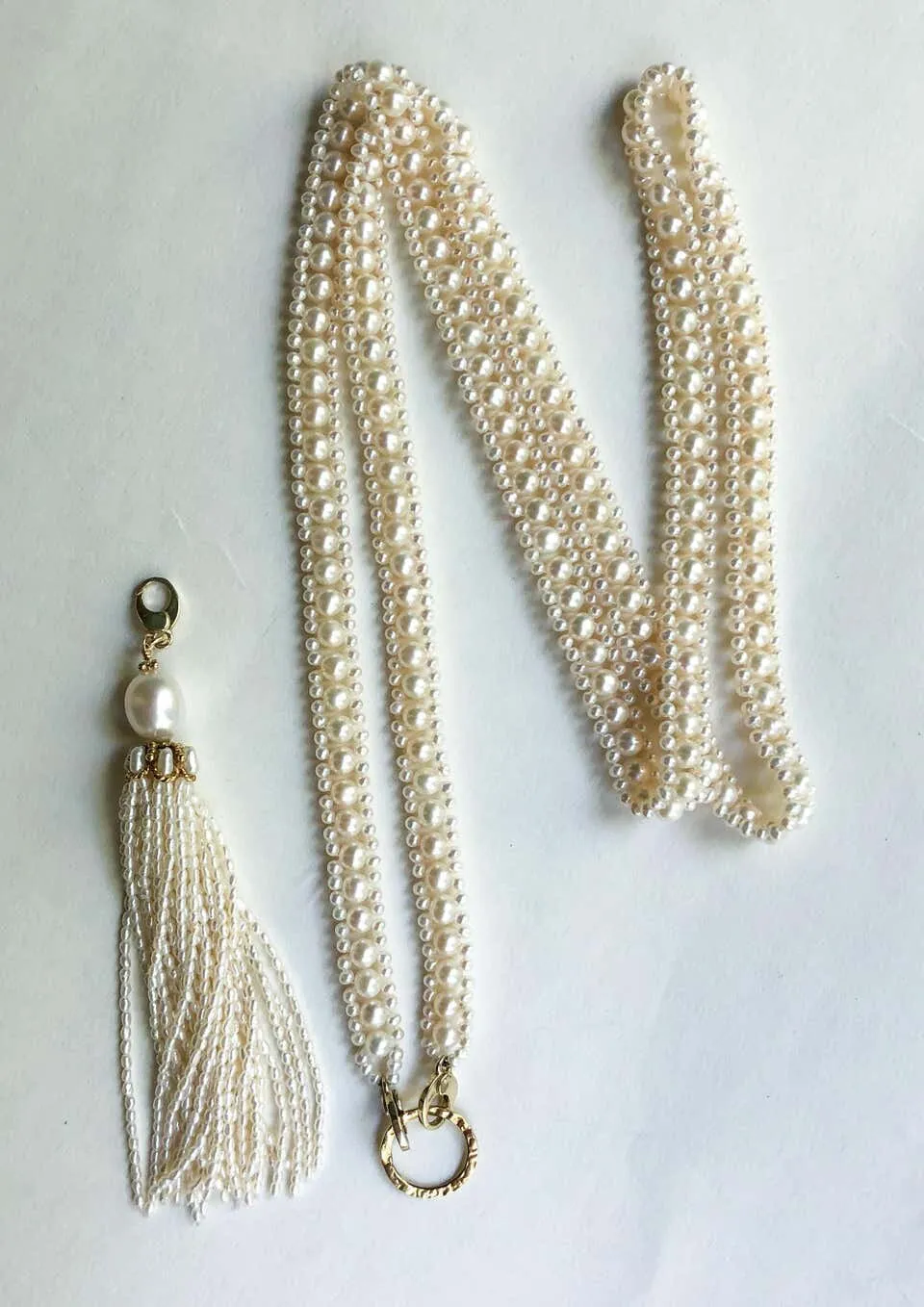 Woven Pearl Necklace with 14k Gold Ring and Removable Pearl Tassel - Image 18