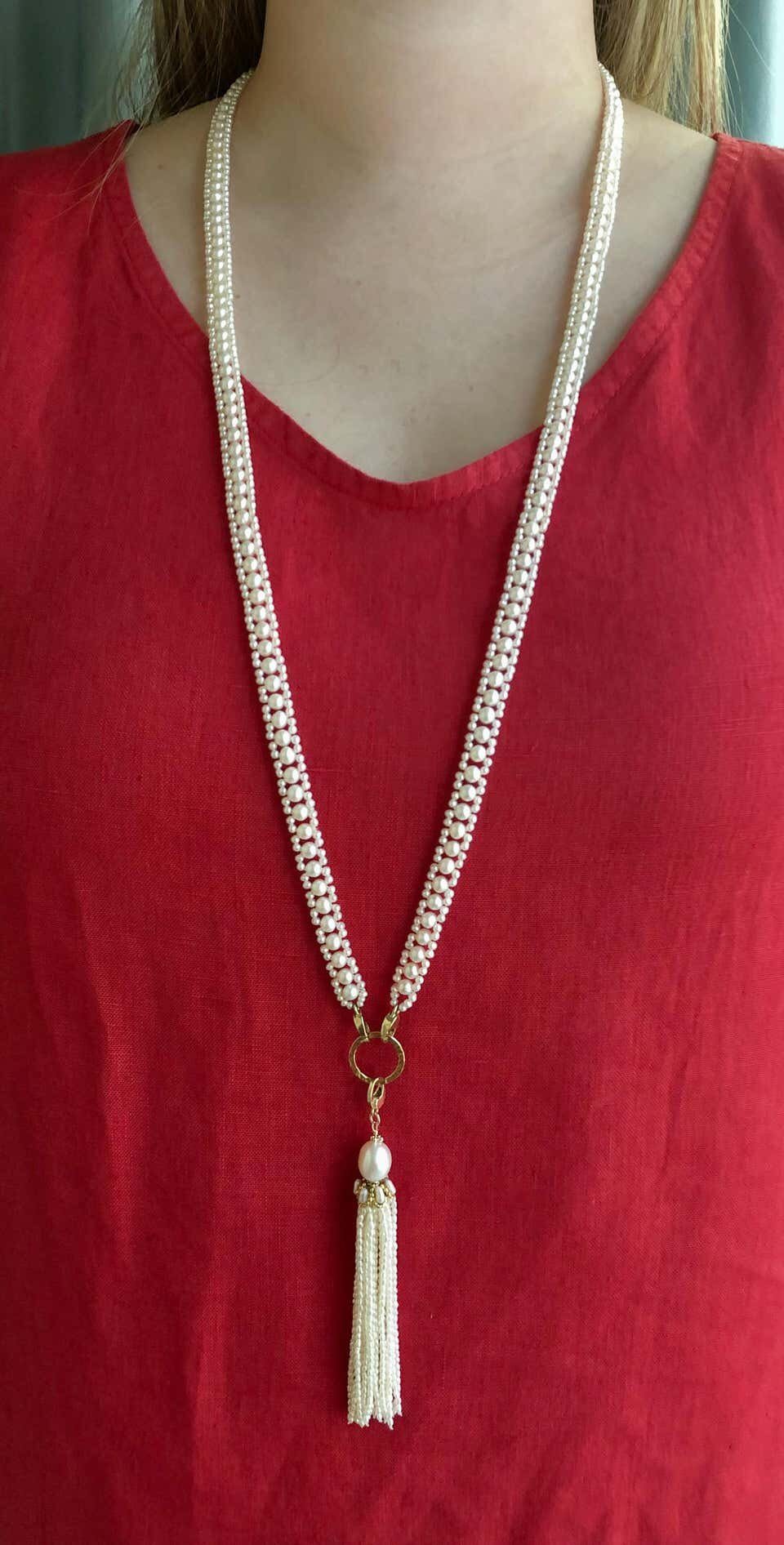 Woven Pearl Necklace with 14k Gold Ring and Removable Pearl Tassel - Image 21