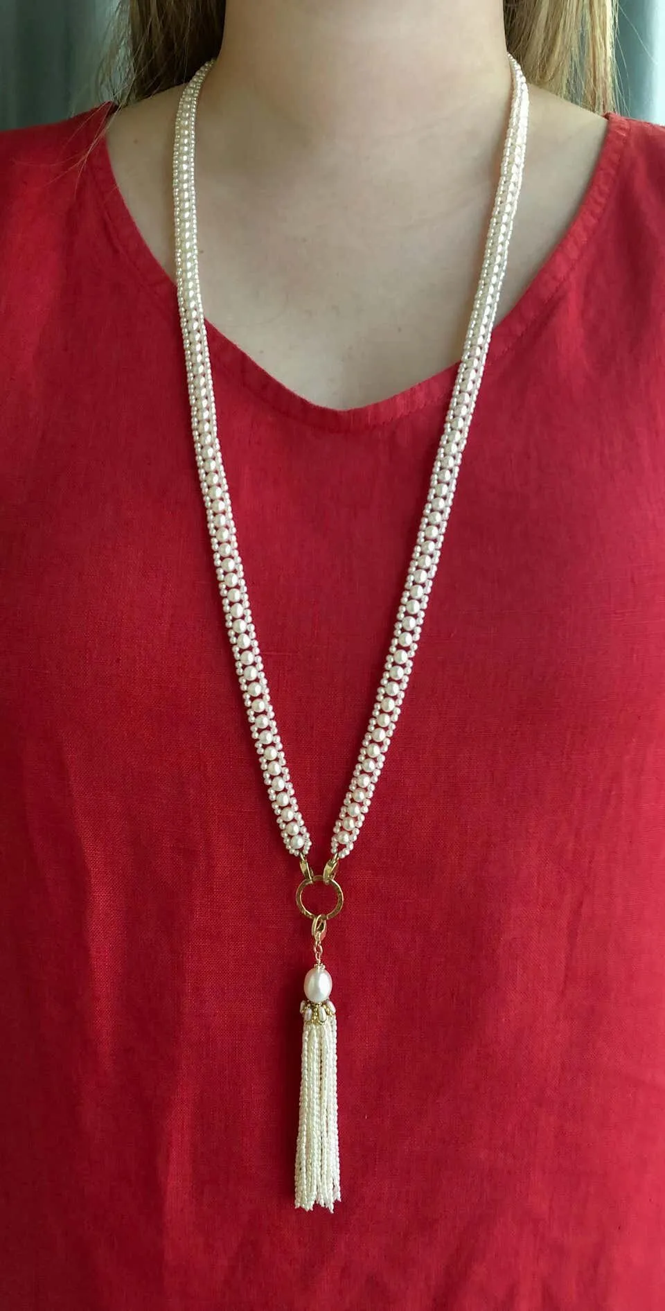 Woven Pearl Necklace with 14k Gold Ring and Removable Pearl Tassel - Image 22