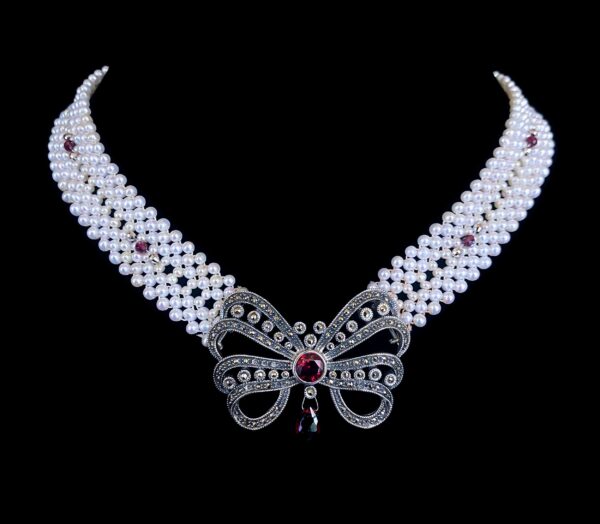 Woven Pearl Necklace with Sterling Silver Vintage Brooch with Garnet