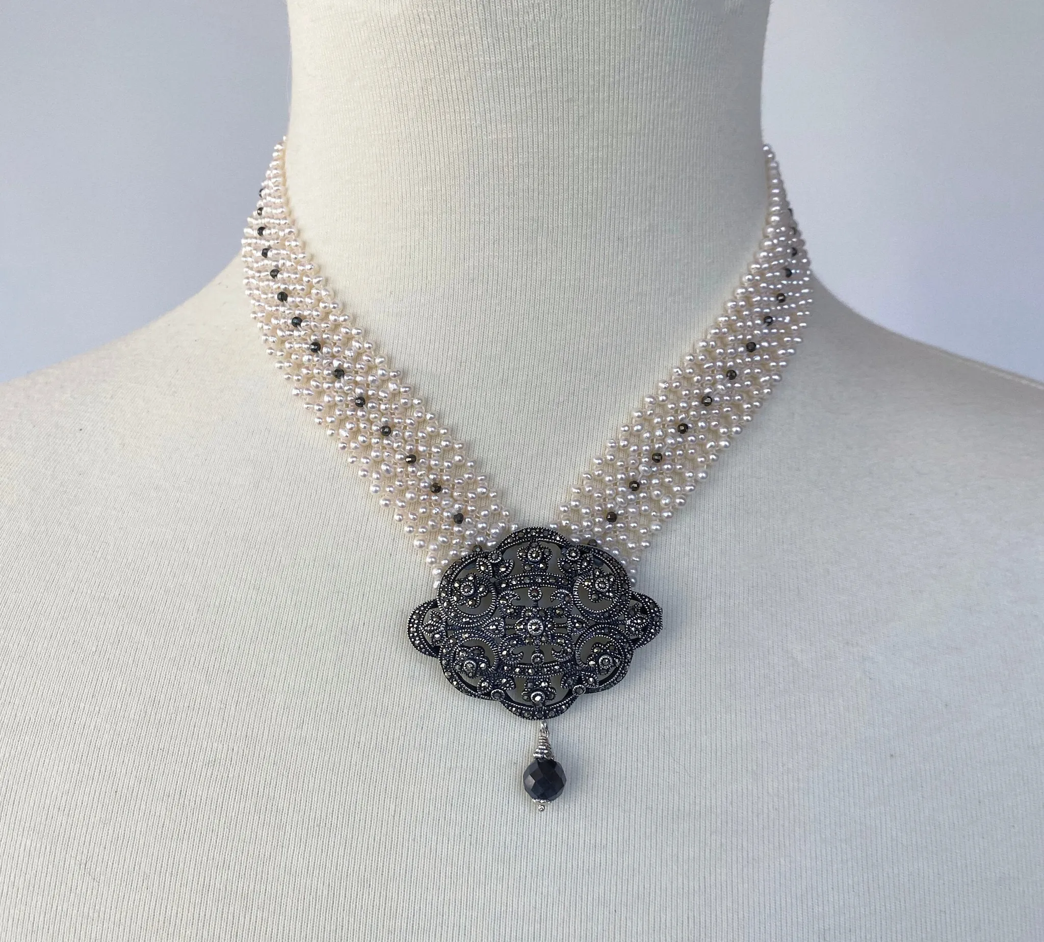 Woven Pearl Necklace with Vintage Silver Centerpiece and Black Spinel - Image 2