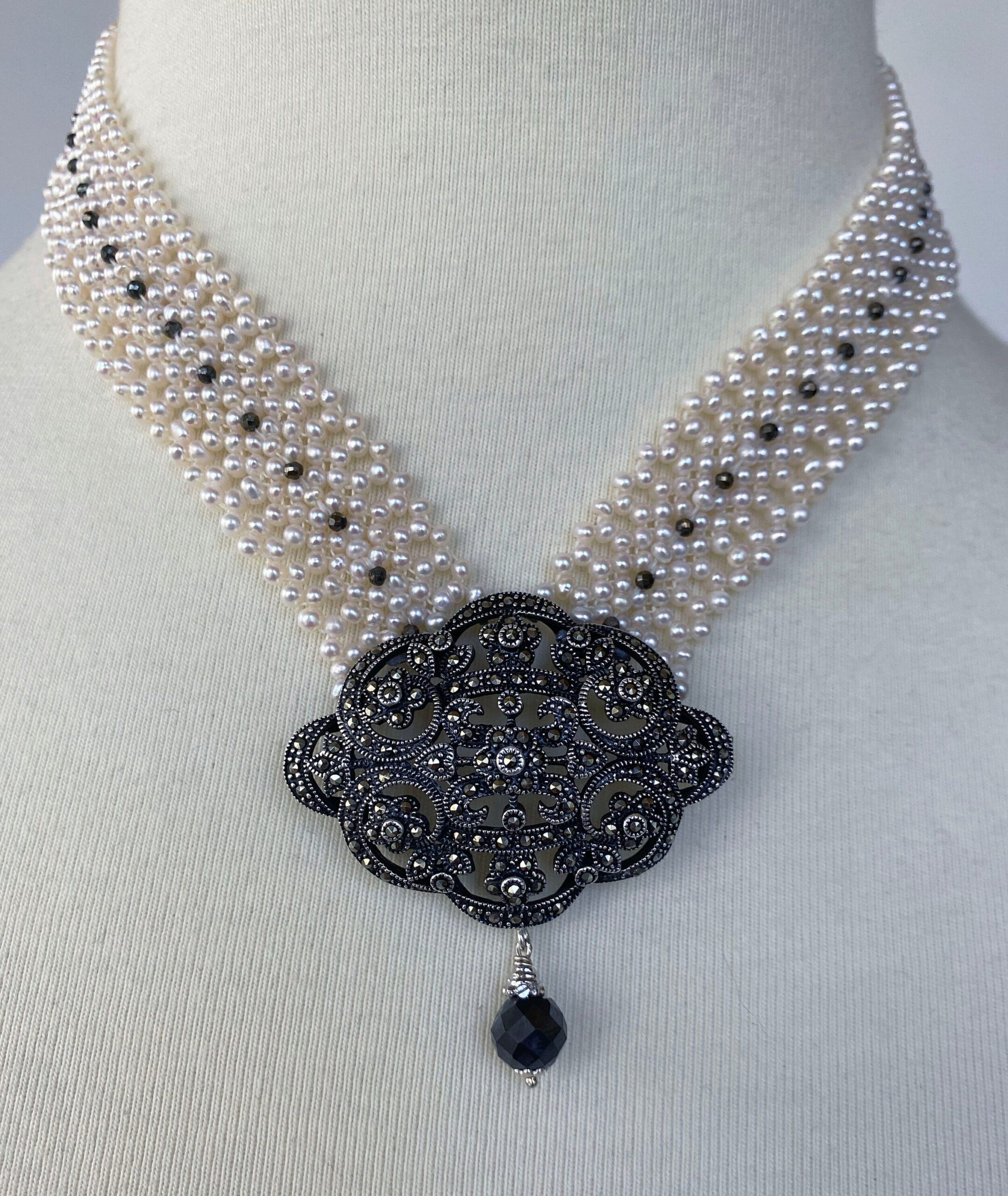Woven Pearl Necklace with Vintage Silver Centerpiece and Black Spinel - Image 3