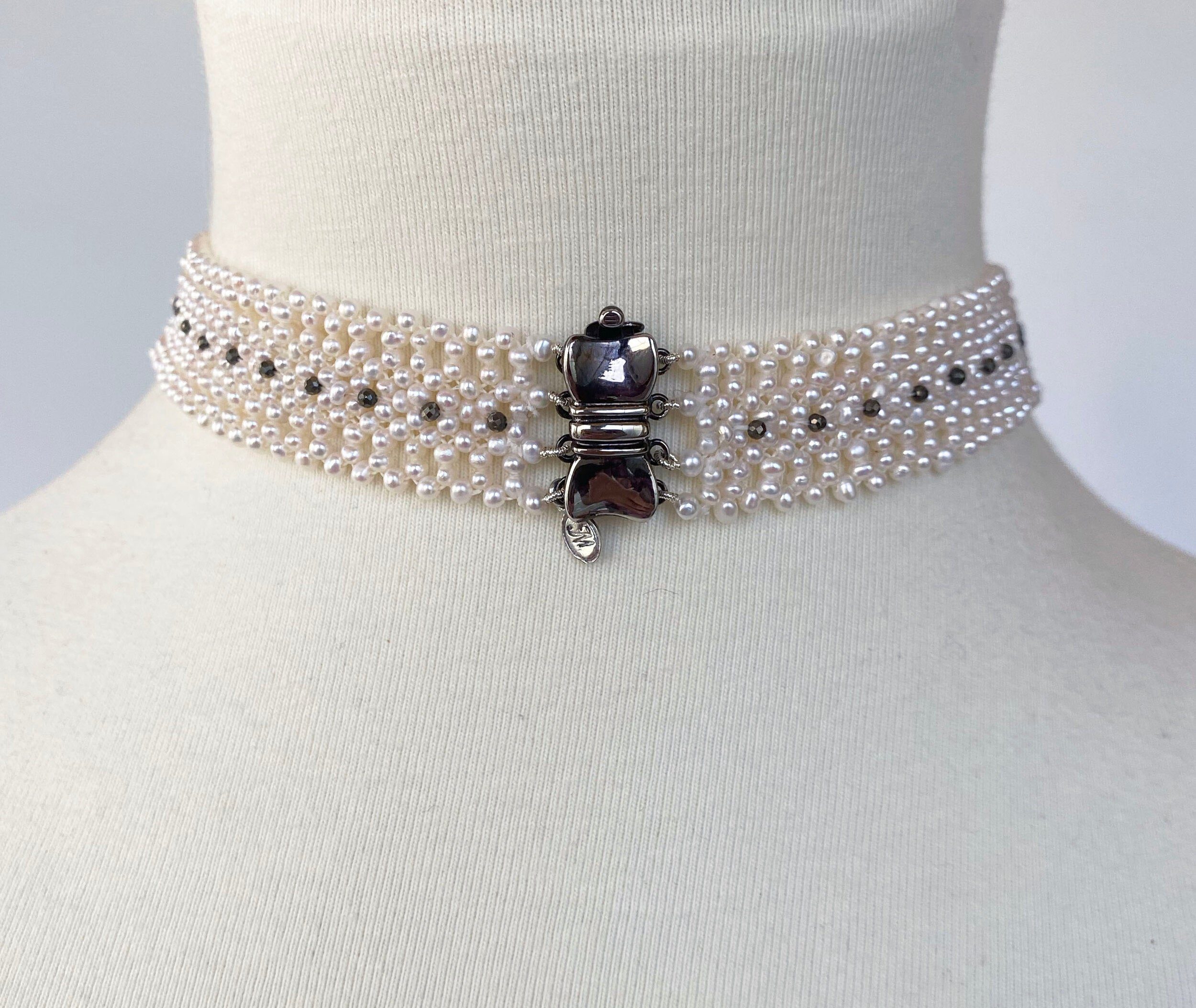 Woven Pearl Necklace with Vintage Silver Centerpiece and Black Spinel - Image 5