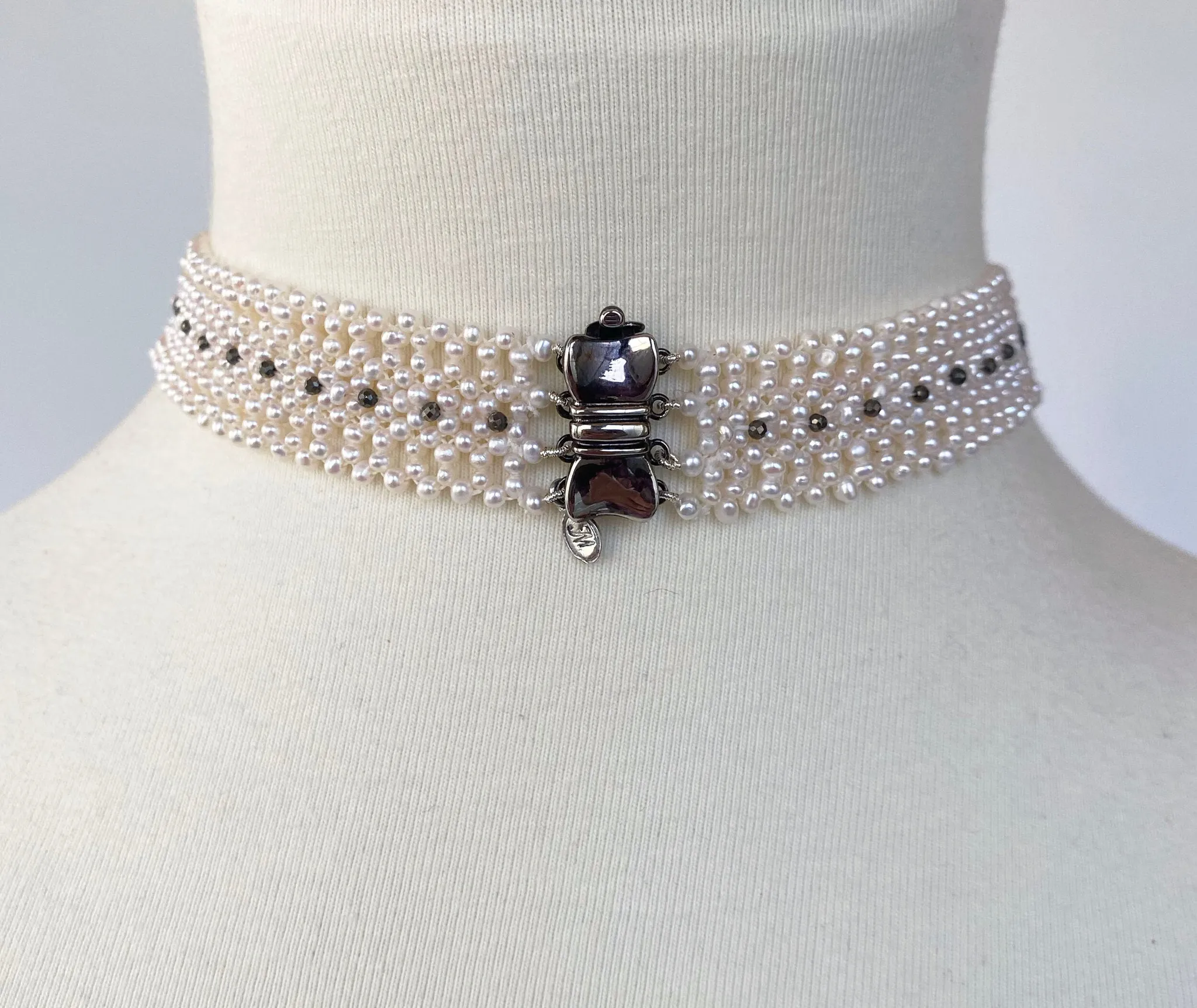 Woven Pearl Necklace with Vintage Silver Centerpiece and Black Spinel - Image 6