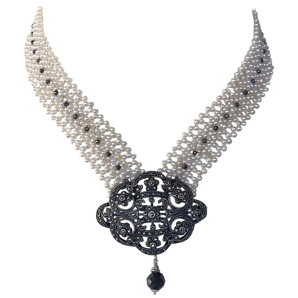 Woven Pearl Necklace with Vintage Silver Centerpiece and Black Spinel - Image 8