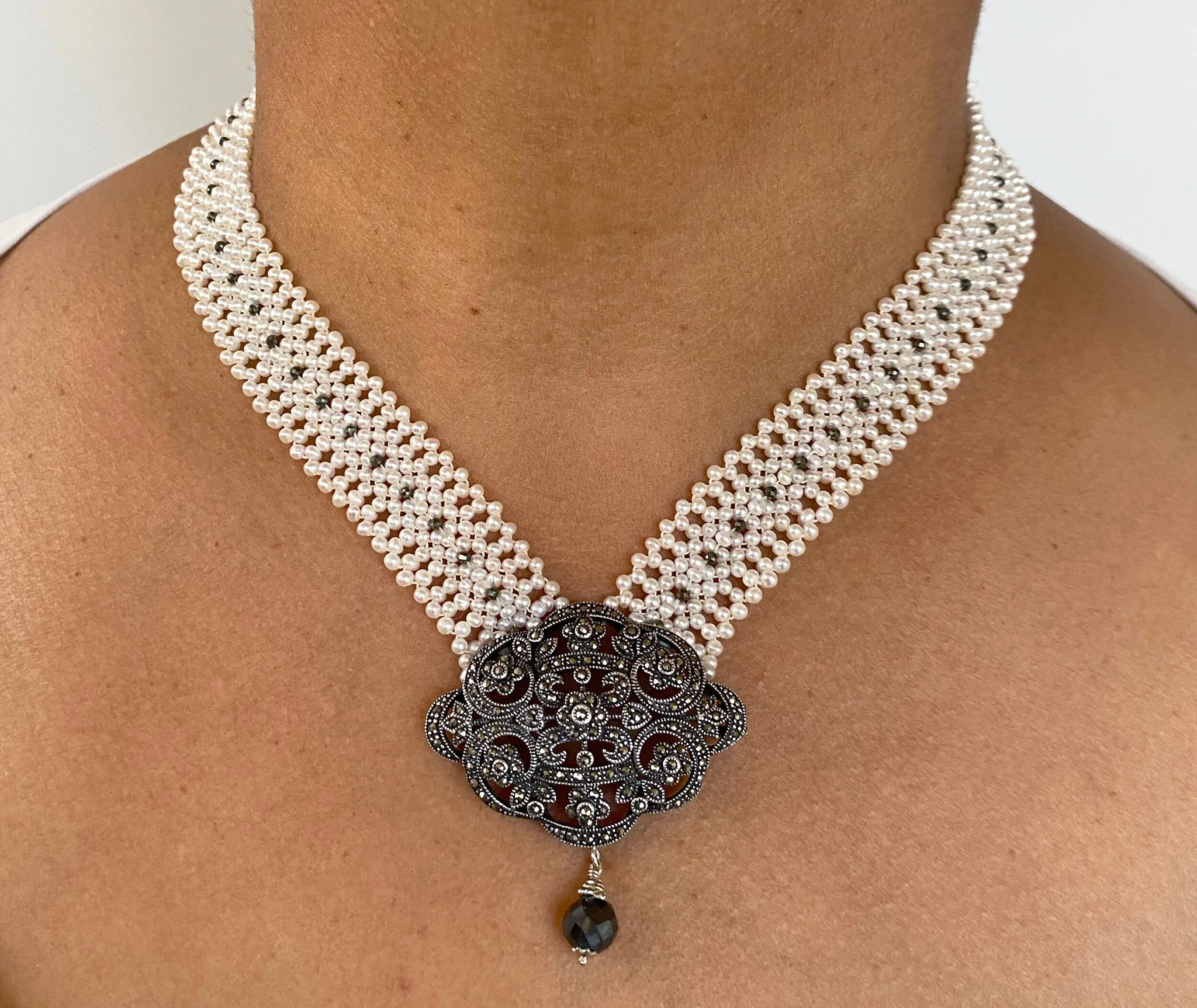 Woven Pearl Necklace with Vintage Silver Centerpiece and Black Spinel - Image 10