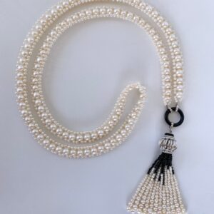 Woven Pearl Sautoir with Black Onyx & Rhodium Silver Decorative Bead