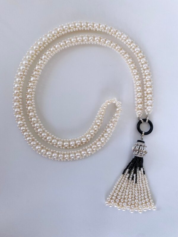 Woven Pearl Sautoir with Black Onyx & Rhodium Silver Decorative Bead