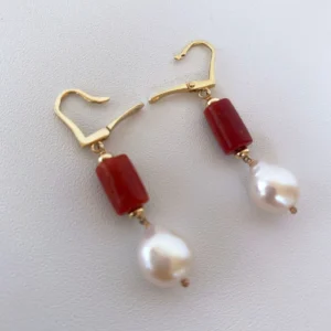 Mediterranean Coral, Pearl and 14K Yellow Gold Lever Back Earrings