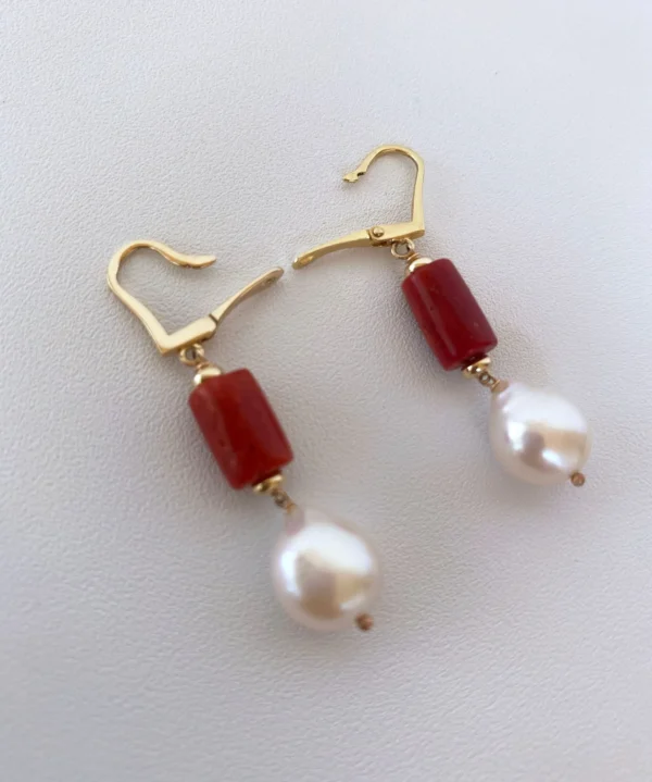 Mediterranean Coral, Pearl and 14K Yellow Gold Lever Back Earrings