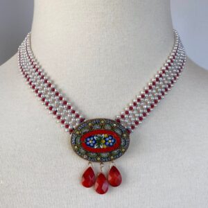 Coral, Pearl & Vintage Italian Mosaic Woven Necklace