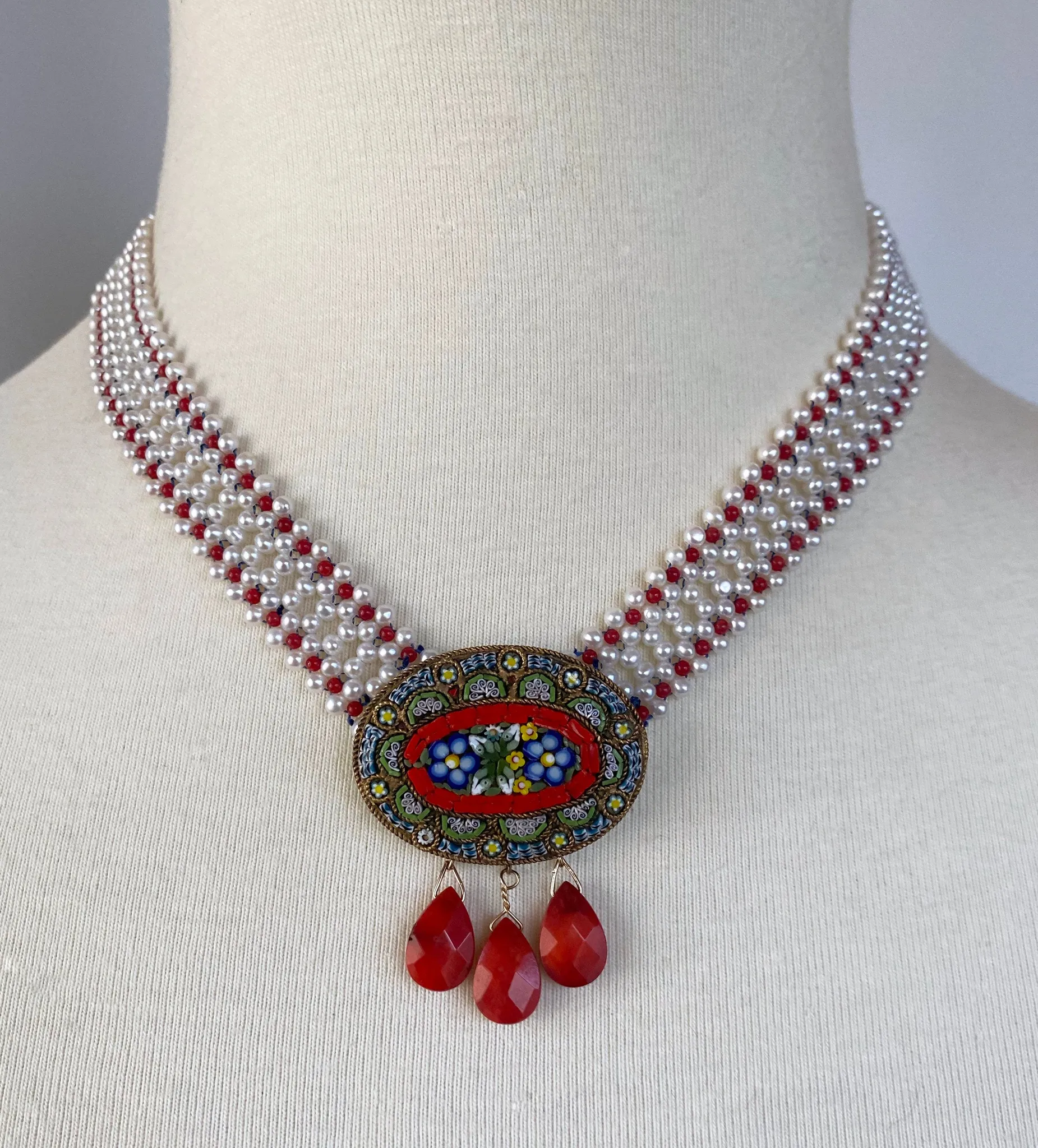 Coral, Pearl & Vintage Italian Mosaic Woven Necklace - Image 2