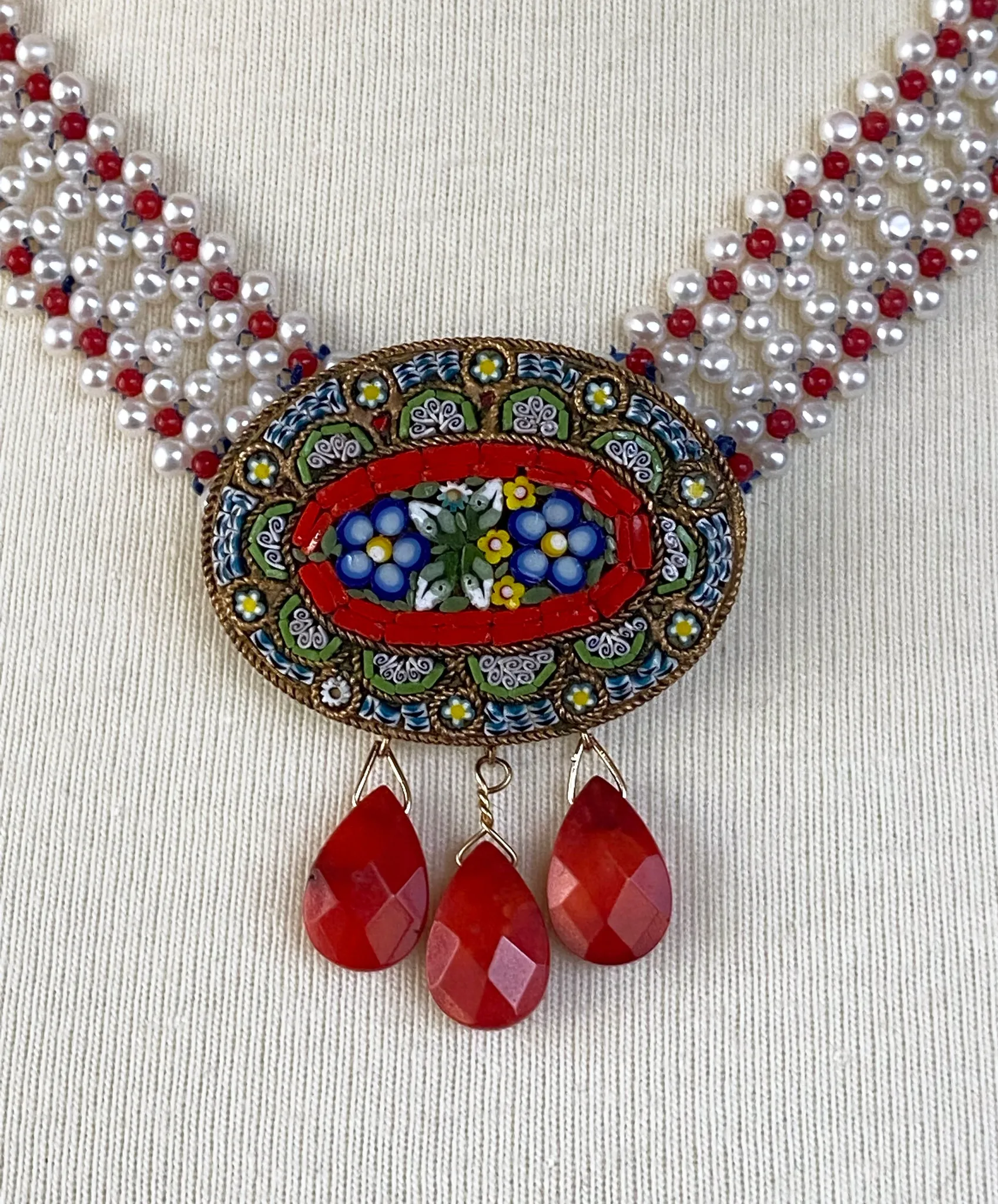 Coral, Pearl & Vintage Italian Mosaic Woven Necklace - Image 4
