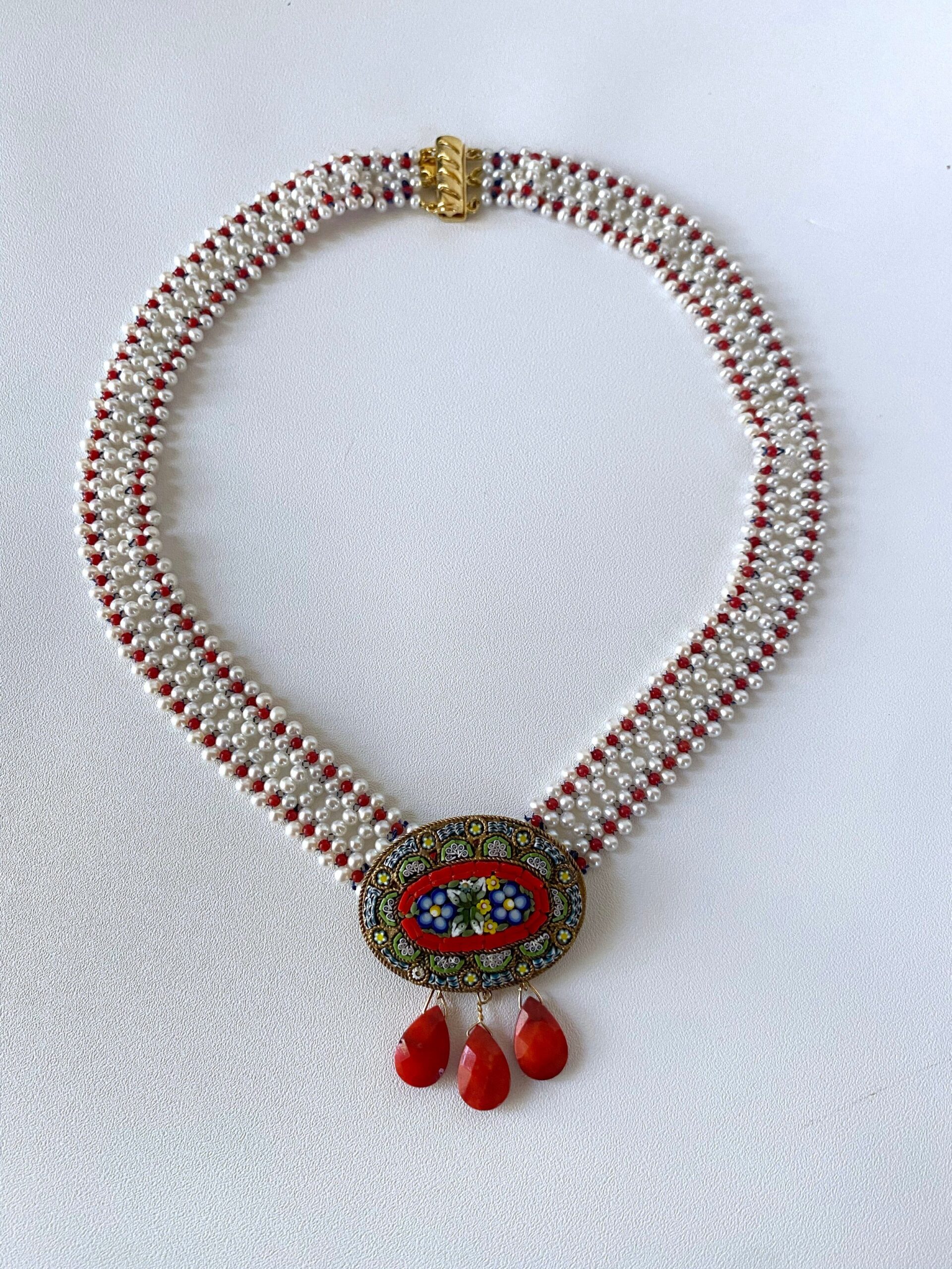 Coral, Pearl & Vintage Italian Mosaic Woven Necklace - Image 5