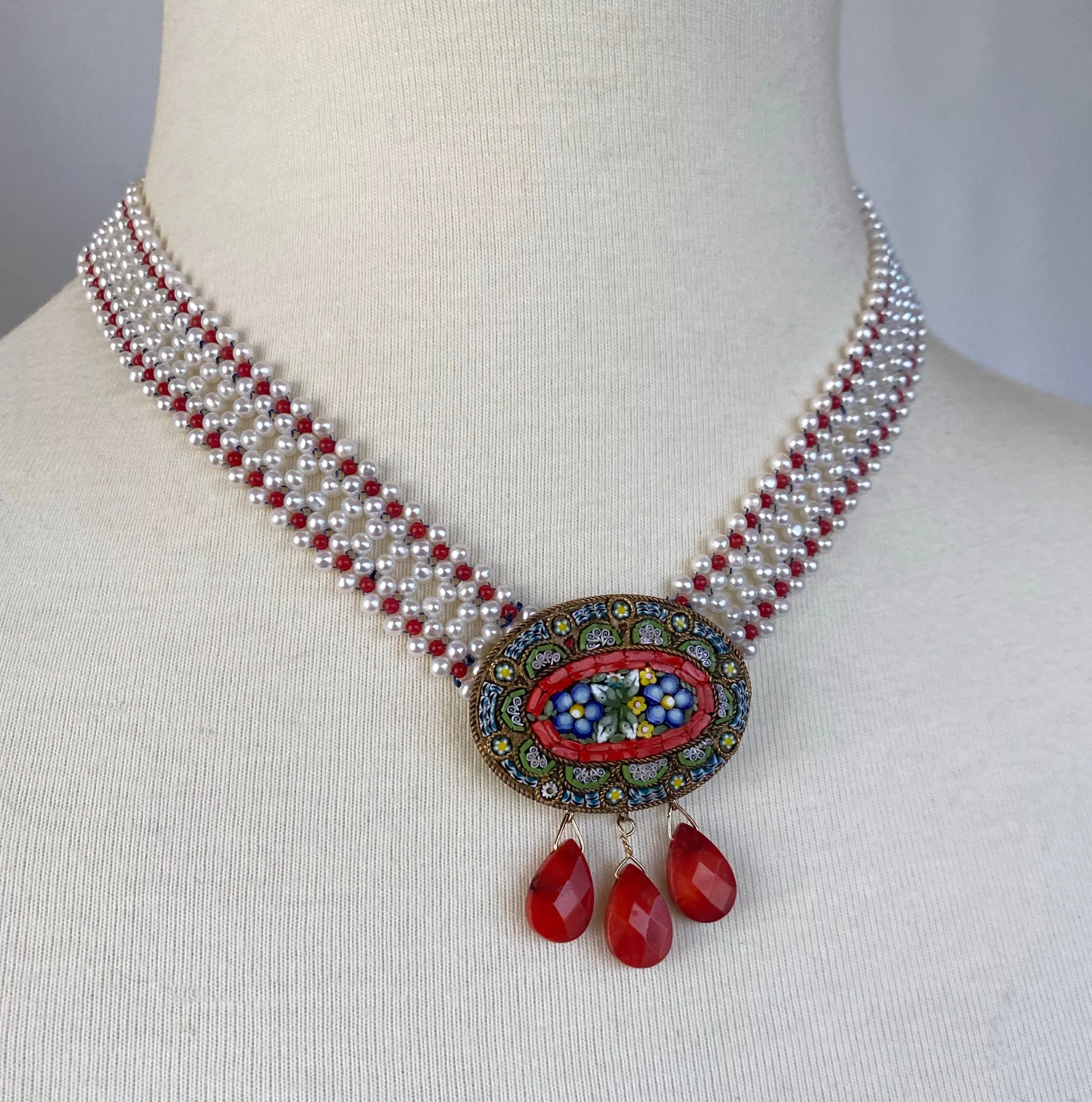 Coral, Pearl & Vintage Italian Mosaic Woven Necklace - Image 8