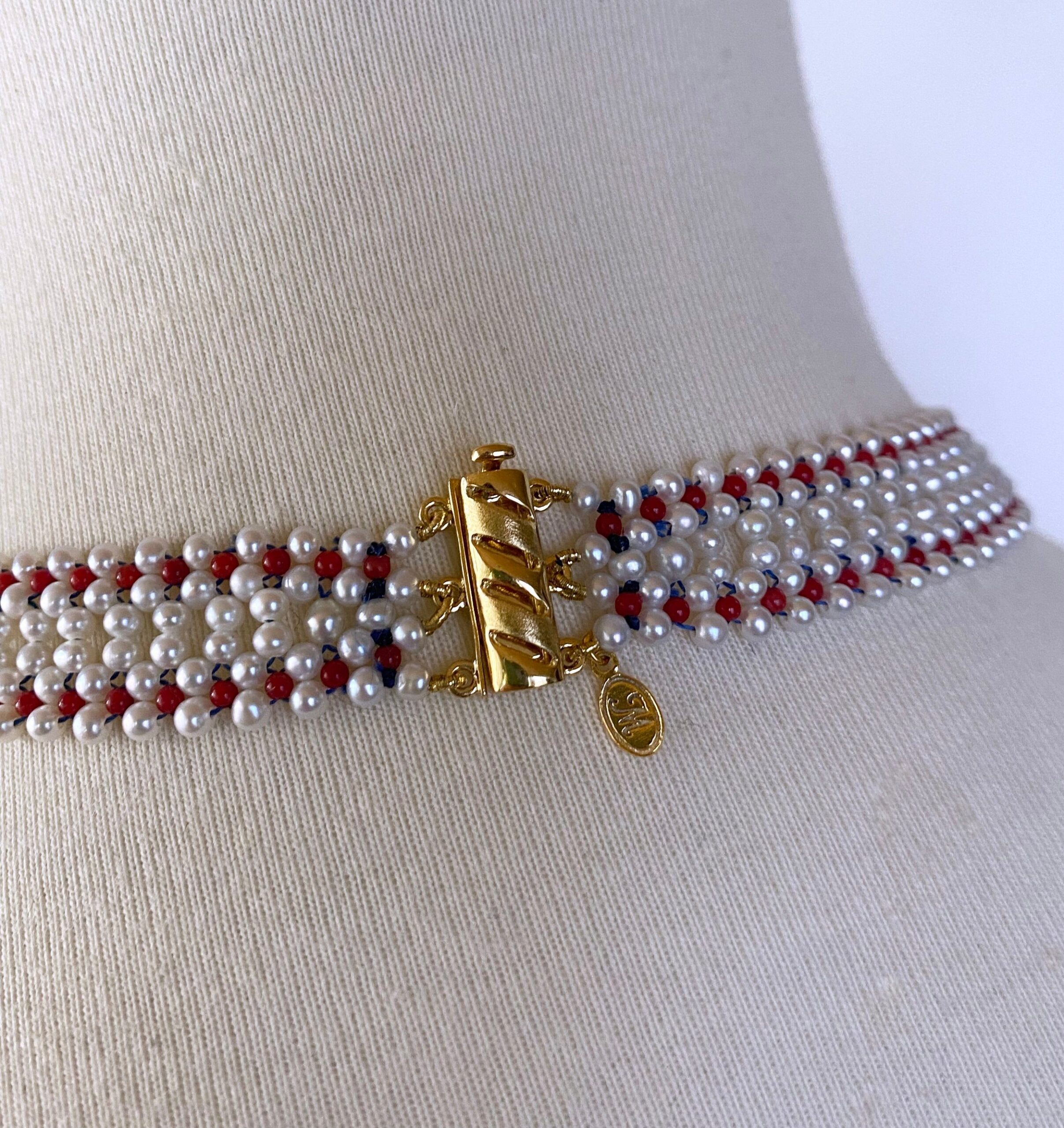 Coral, Pearl & Vintage Italian Mosaic Woven Necklace - Image 9