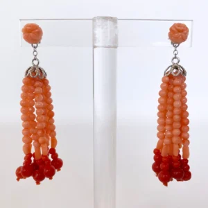 Mediterranean Coral Tassel Earrings with 14K White Gold