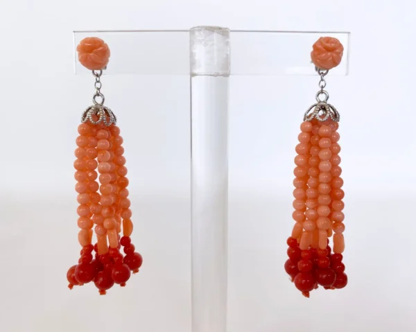 Mediterranean Coral Tassel Earrings with 14K White Gold