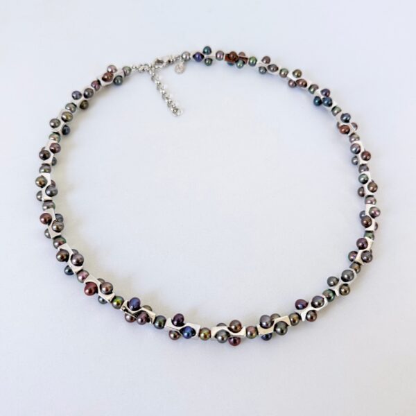Geometric Rhodium & Black Pearl Adjustable Necklace
