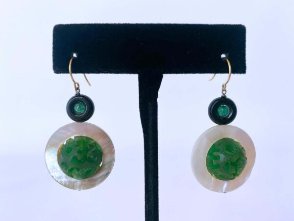 Mother of Pearl, Emerald, Onyx and Bakelite Earrings, 14k Yellow Gold