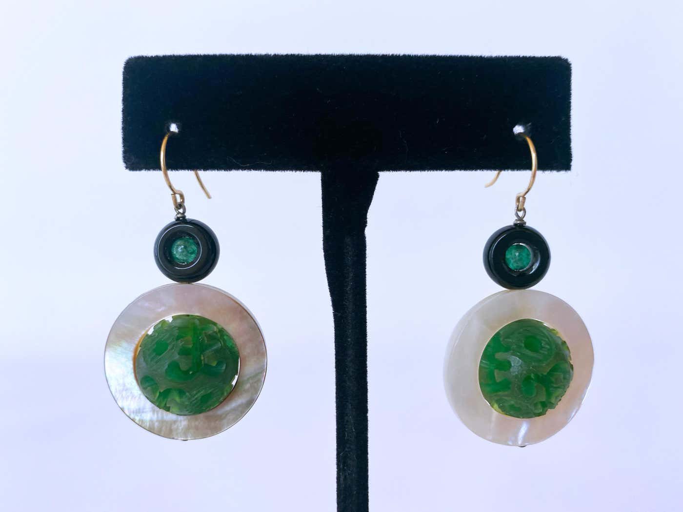 Mother of Pearl, Emerald, Onyx and Bakelite Earrings, 14k Yellow Gold
