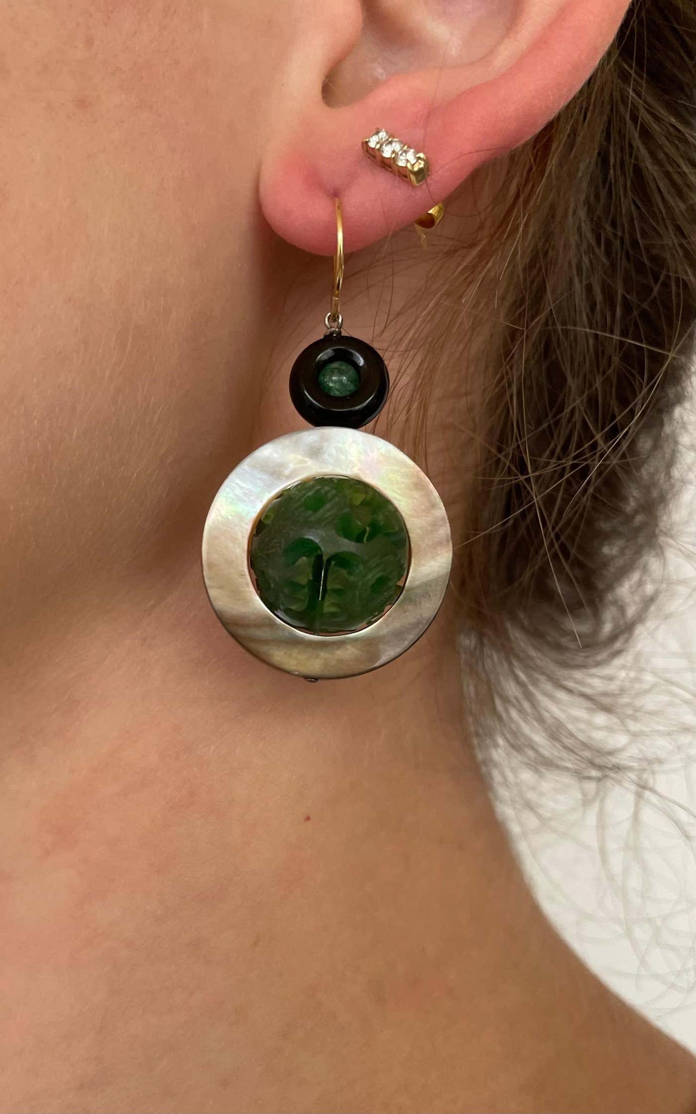 Mother of Pearl, Emerald, Onyx and Bakelite Earrings, 14k Yellow Gold - Image 3