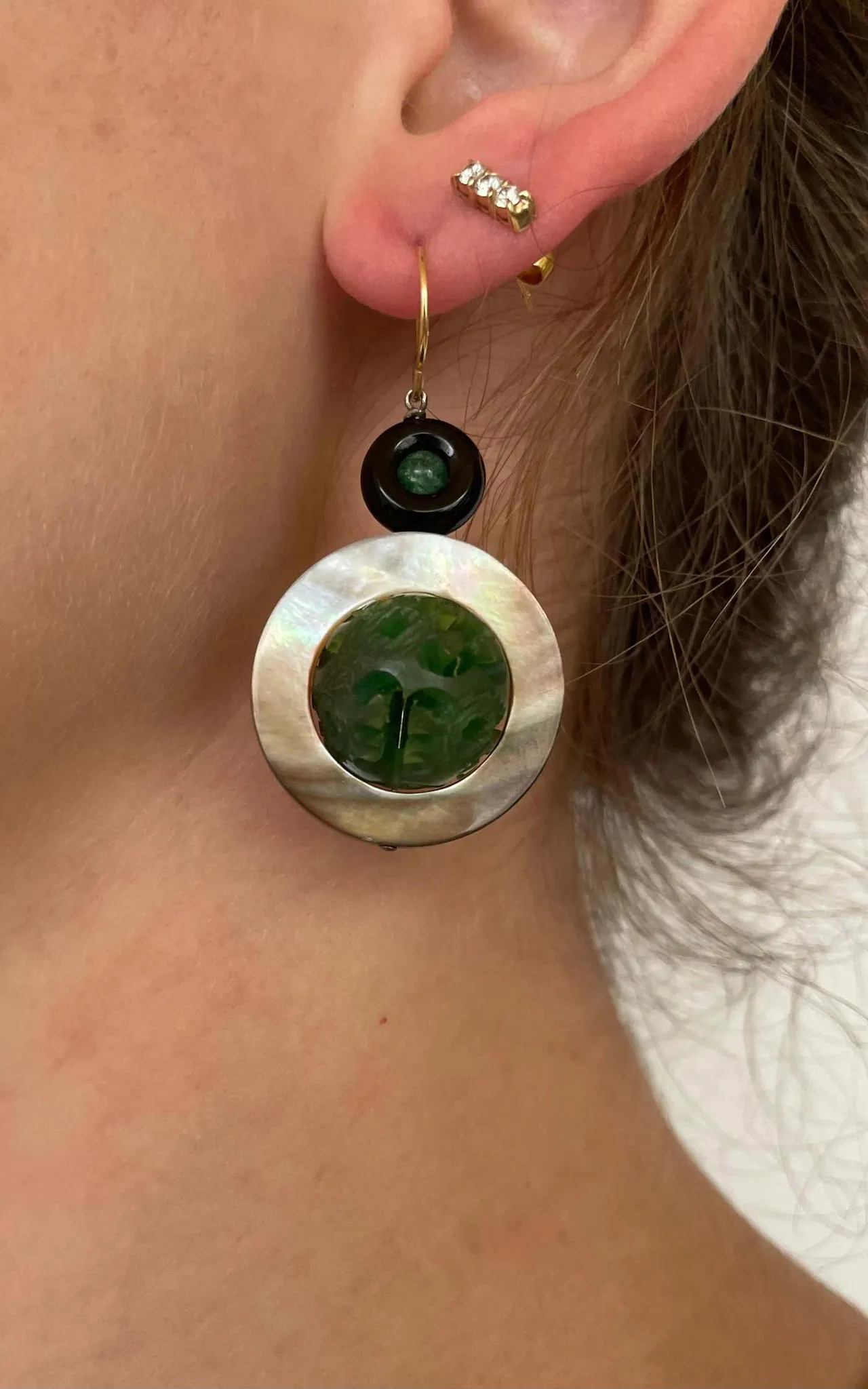 Mother of Pearl, Emerald, Onyx and Bakelite Earrings, 14k Yellow Gold - Image 4