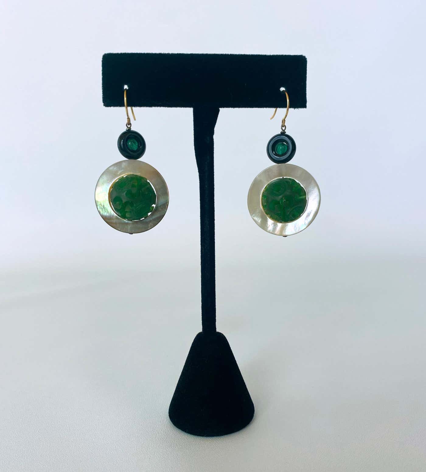Mother of Pearl, Emerald, Onyx and Bakelite Earrings, 14k Yellow Gold - Image 5