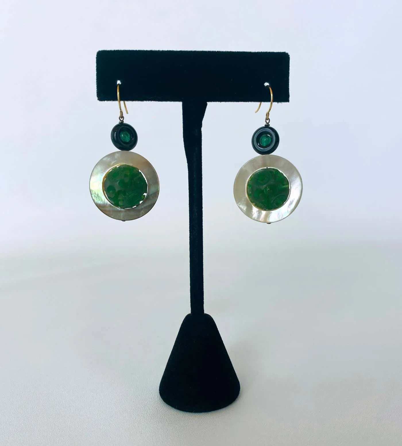 Mother of Pearl, Emerald, Onyx and Bakelite Earrings, 14k Yellow Gold - Image 6
