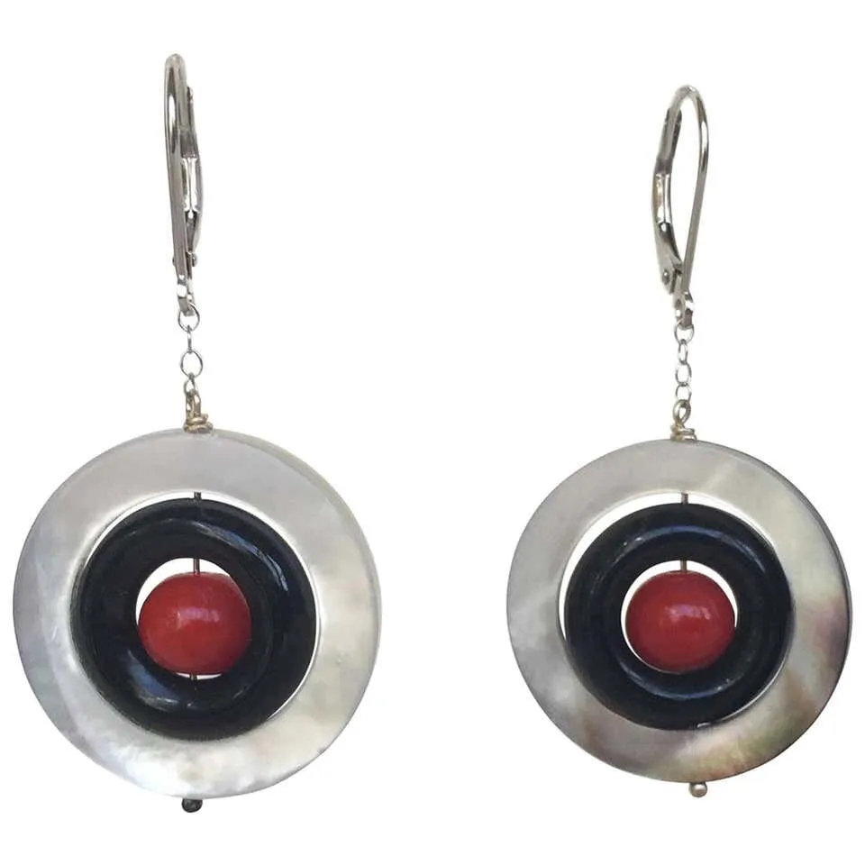 Mother of Pearl,Onyx and Red Coral Earrings with 14 K White Gold - Image 2