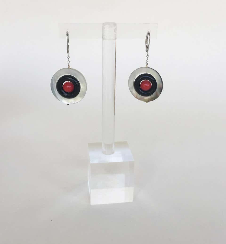 Mother of Pearl,Onyx and Red Coral Earrings with 14 K White Gold - Image 3