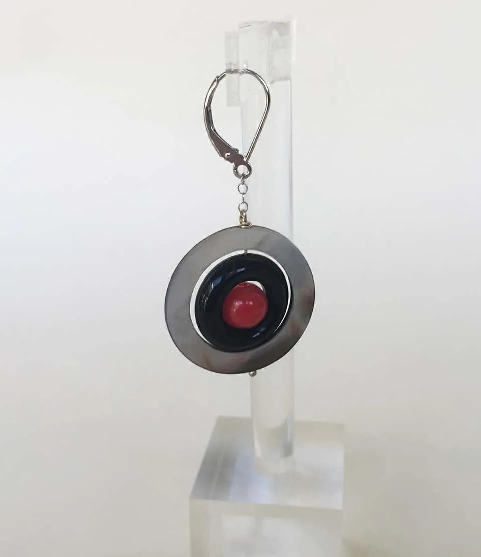 Mother of Pearl,Onyx and Red Coral Earrings with 14 K White Gold - Image 6