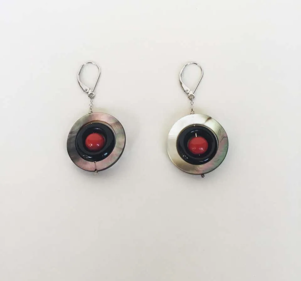 Mother of Pearl,Onyx and Red Coral Earrings with 14 K White Gold - Image 8