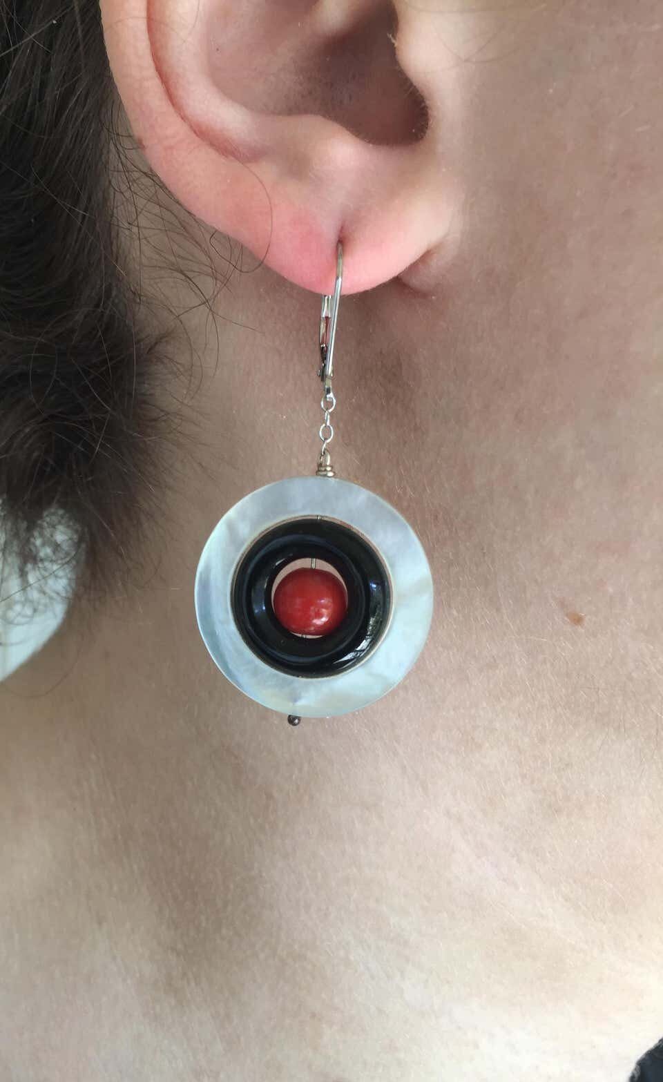 Mother of Pearl,Onyx and Red Coral Earrings with 14 K White Gold - Image 9