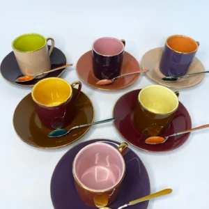 Multi Colored Coffee Cup Set with Decorative Enamel Spoons