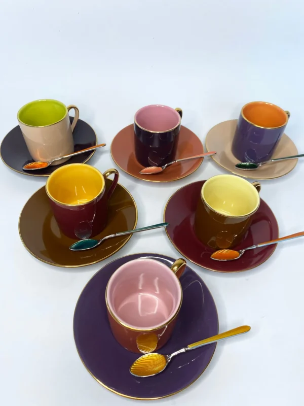 Multi Colored Coffee Cup Set with Decorative Enamel Spoons
