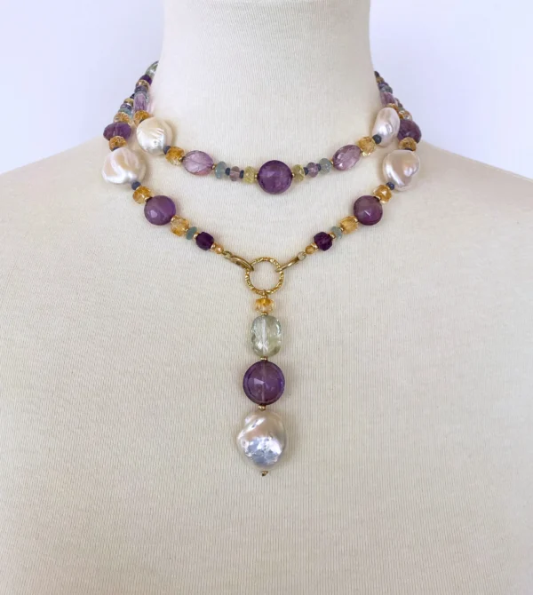 Multi Jewel & Pearl Sautoir with Drop Tassel and 14K Yellow Gold