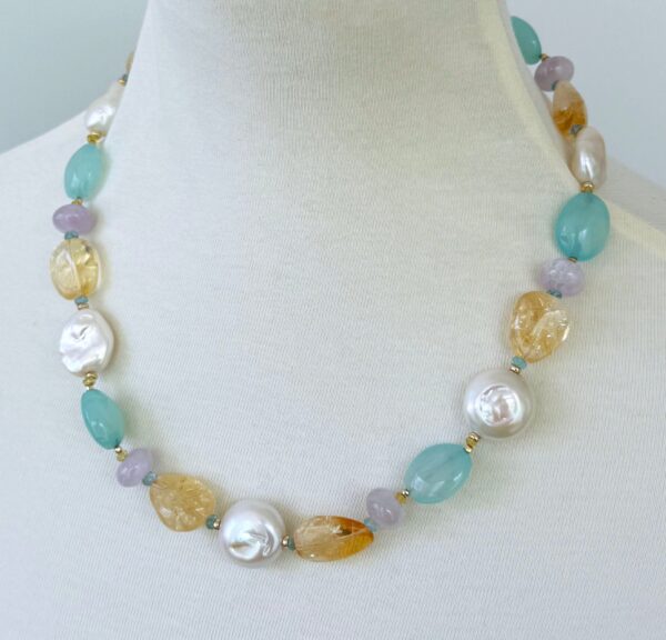 Multi Stone & Baroque Pearl Necklace with Gold Adjustable Clasp