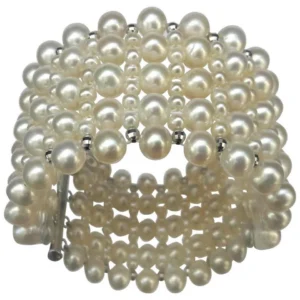 Multi Strand Intricately Woven Pearl Bracelet with Rhodium Silver Clasp