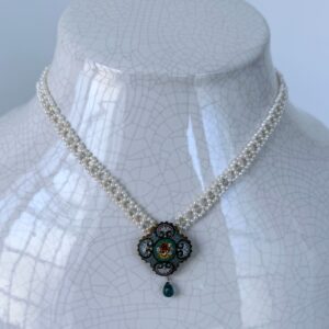 Natural Pearl Woven Necklace with Floral Mosaic Centerpiece & Gold Clasp