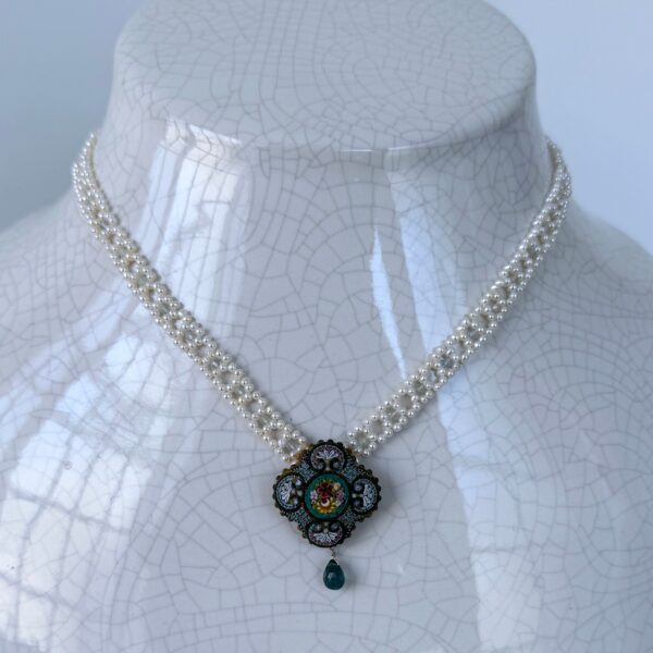Natural Pearl Woven Necklace with Floral Mosaic Centerpiece & Gold Clasp