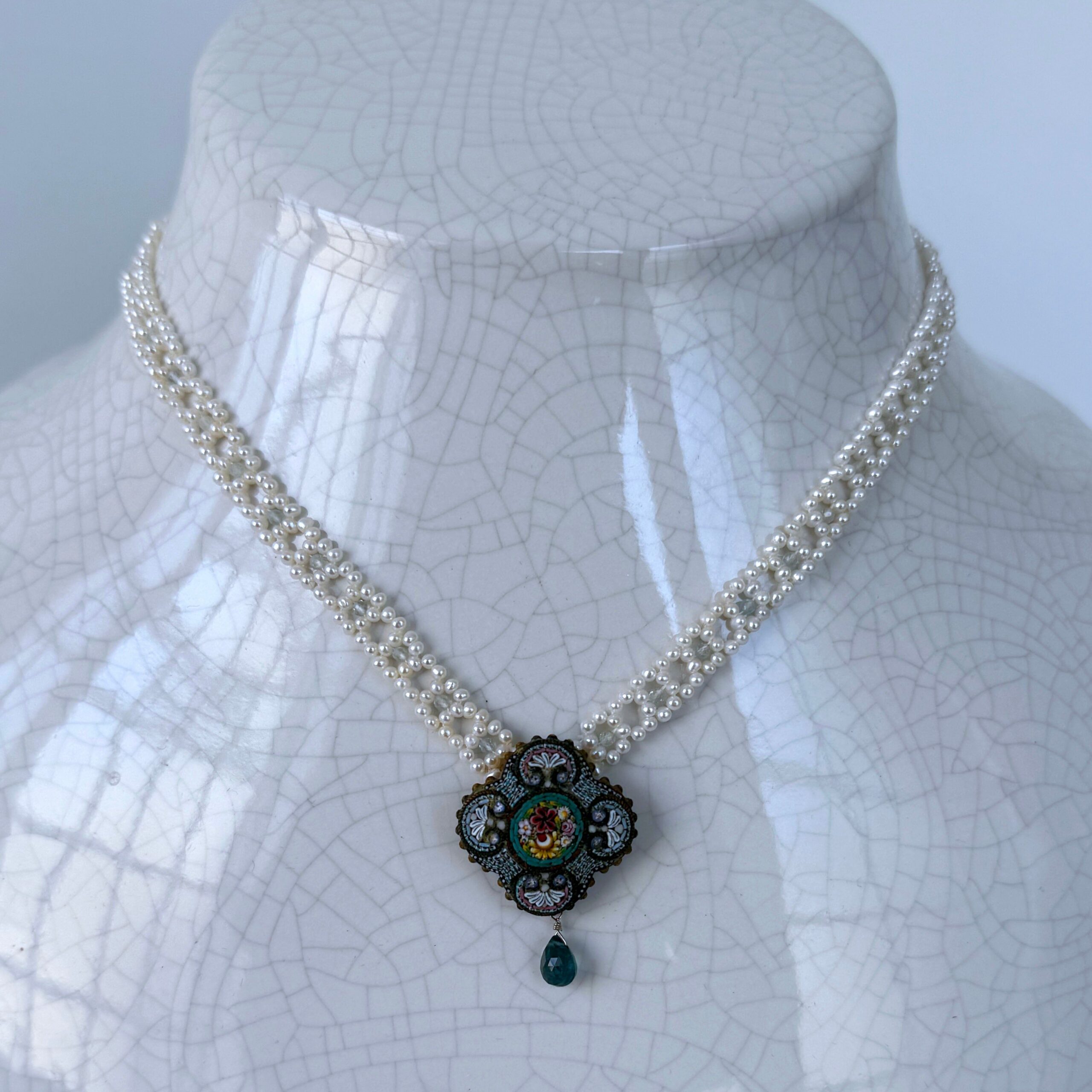 Natural Pearl Woven Necklace with Floral Mosaic Centerpiece & Gold Clasp
