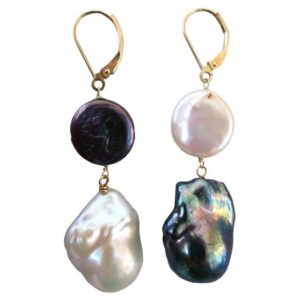 Baroque and Flat, Black and White Pearl Earrings with Solid 14K Yellow Gold
