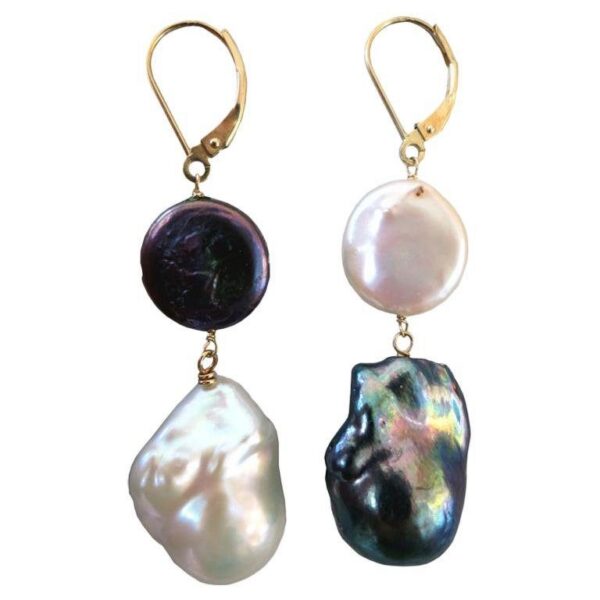 Baroque and Flat, Black and White Pearl Earrings with Solid 14K Yellow Gold
