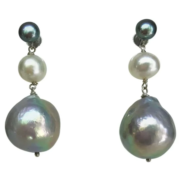 Ombre Grey & White Pearl Earrings with solid 14k White Gold